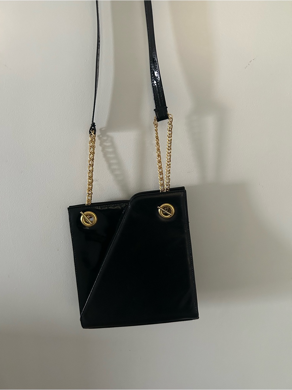 Vintage High Fashion Black Patent Crossbody Bag with Gold Chain Detail
